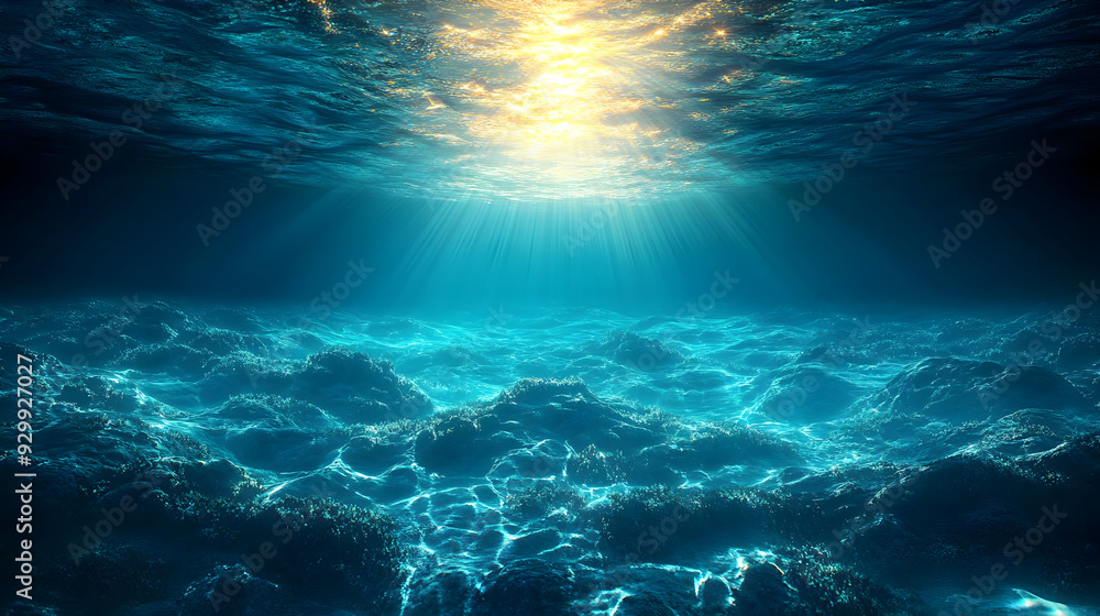 Poster underwater scene with sunlight filtering through the ocean surface.