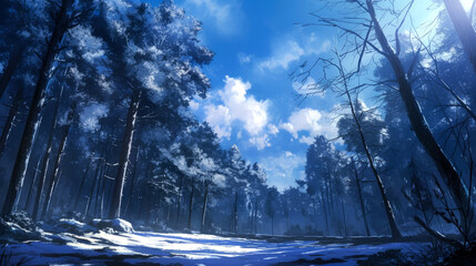 A Snow-Covered Forest Path Under a Blue Sky