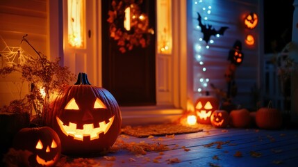 Lit Jack-o'-lanterns on a wooden porch with a wreath on the door.