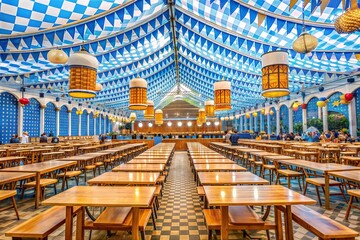 Octoberfest festival tent with wooden tables and benches. 