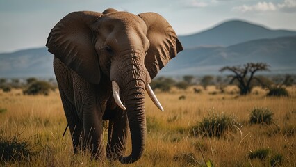 Fototapeta premium A wise old elephant standing in the grasslands