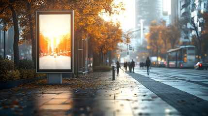 Urban street scene with autumn foliage and a billboard display.