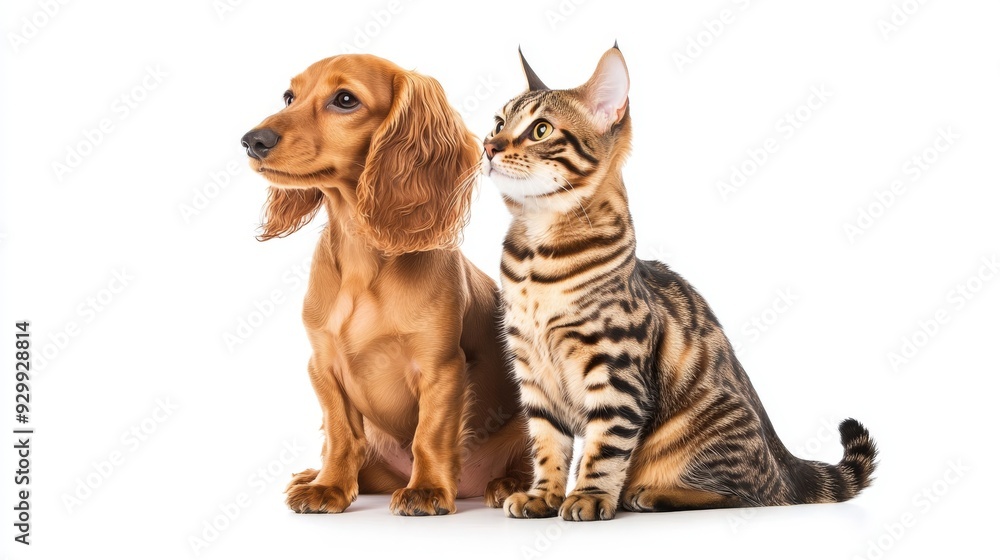 Wall mural the cat sits beside the dog, a dachshund puppy and a cat friendship animal, isolated on a transparen