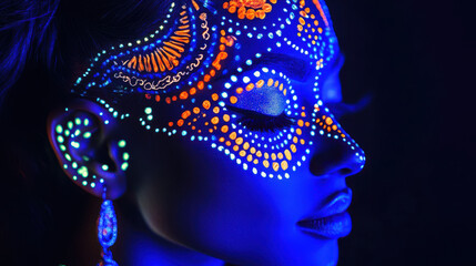 Woman with detailed blue and orange dot patterns, posing against a dark background, illuminated by blacklight, exuding a surreal and mysterious effect