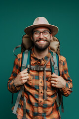 Happy man with backpack for travel on green background.