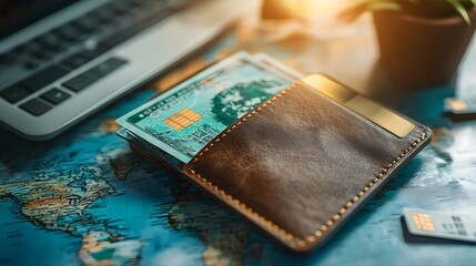 A digital wallet with travel-related icons, showcasing its use in international transactions, Wallet travel icons, Global travel finance