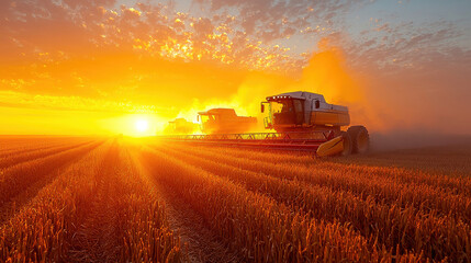 Fototapeta premium A stunning sunset over a wheat field, featuring harvesters working diligently as sunlight beams through the golden crops.