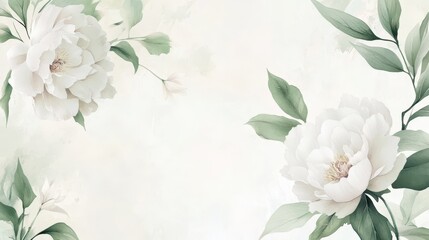 Fototapeta premium A serene floral design featuring soft peonies and delicate leaves on a light background.