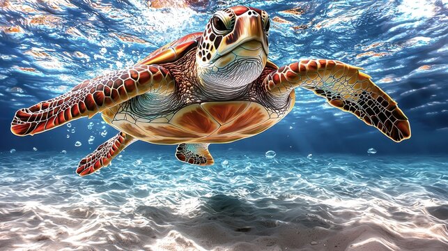 A vibrant sea turtle gracefully swimming underwater, showcasing its beautiful shell and lively colors in a clear ocean environment.