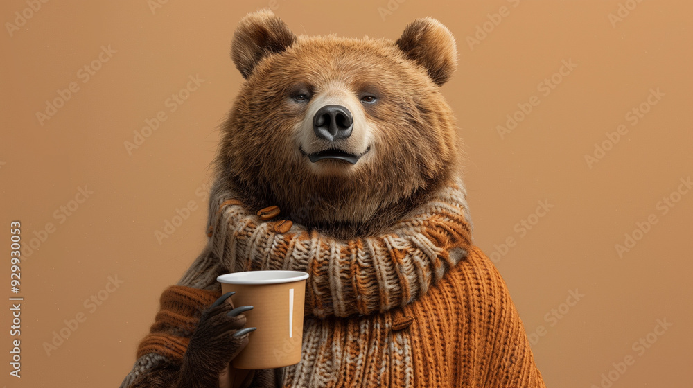 Wall mural a bear with a scarf and a coffee in his hands in front of a autumn fall background
