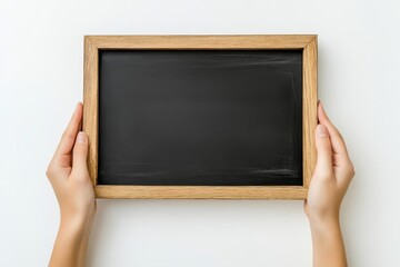 Hands holding a blackboard or chalkboard with an empty whiteboard at the bottom, isolated on a transparent background