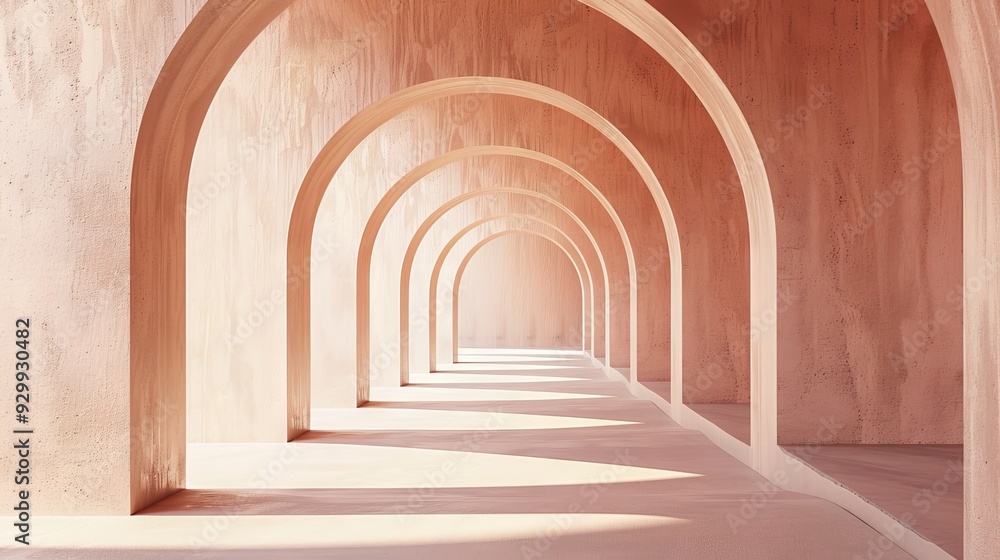 Poster curved arches in soft peach tones form a tranquil passageway, illuminated by natural light, emphasiz