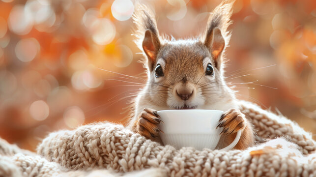 a squirrel with a scarf and a coffee in his hands in front of a autumn fall background