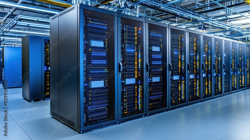 Poster modern server room showcasing high-tech equipment and organized racks for efficient data storage and