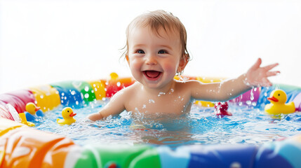 A baby swimming joyfully in a small, colorful kiddie pool, set against a white background. 
