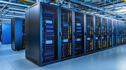 Modern server room showcasing high-tech equipment and organized racks for efficient data storage and management.