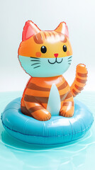 A giant inflatable cat toy sitting in bright blue water, set against a white background. 