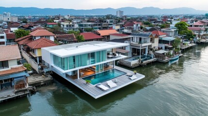 Fototapeta premium Modern, glass-walled home with a swimming pool built over a canal in a densely populated city neighborhood.