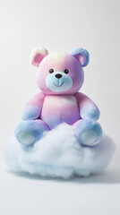 A giant inflatable teddy bear sitting on a fluffy cloud, set against a white background.
