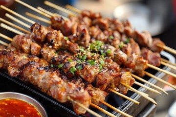 A plate of meat skewers with a dipping sauce