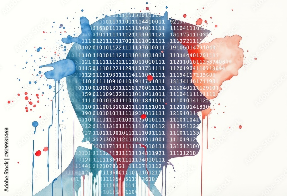 Poster matrix code watercolor streams of binary code forming the outlin