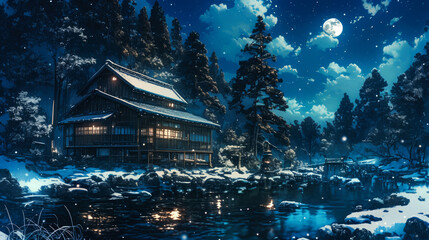 Obraz premium Illuminated Japanese House in Snowy Forest under Night Sky
