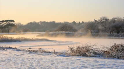 Snowy Morning Landscape with Frosty Trees and Clear Sky