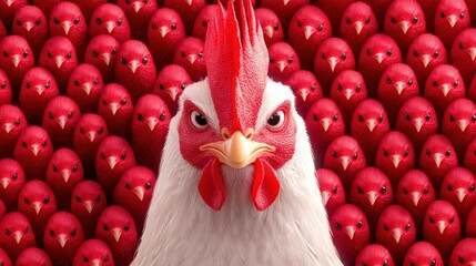 A striking close-up of a proud chicken surrounded by vibrant red eggs, highlighting its bold features and colorful plumage.