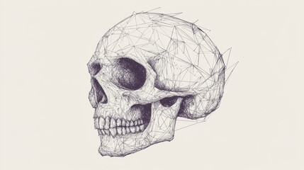 Obraz premium Skull vector illustration created with thin lines interwoven in a network, featuring a grungy halftone effect and low poly line art. 