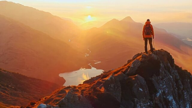 Golden Hour Summit Triumph: A lone hiker stands victorious atop a mountain peak, bathed in the warm glow of sunrise, overlooking a breathtaking vista of rugged mountains and serene lakes. 