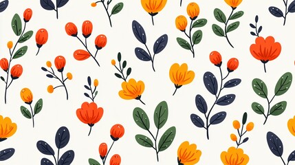 Fototapeta premium Floral Pattern with Orange, Yellow, and Green Flowers