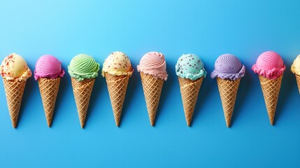 A Colorful Array of Ice Cream Cones Displayed in a Blue Setting