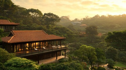 A modern wooden villa with a large terrace overlooking a lush green valley at sunset.