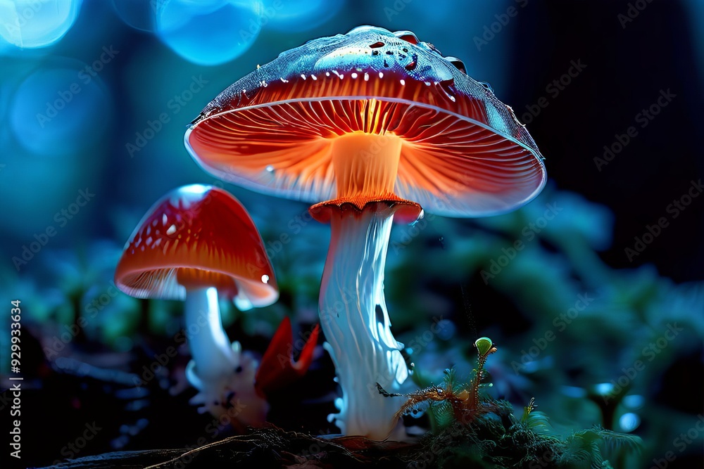 Poster luminogram macrorealism a glowing mushroom is captured in stunni