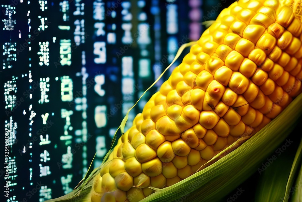 Poster luminogram matrix code a glowing ear of corn with matrix code su