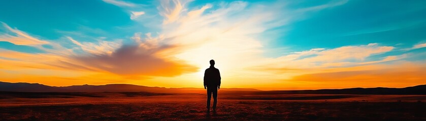 Fototapeta premium A silhouette of a person standing alone against a vibrant sunset, capturing a moment of reflection and tranquility.