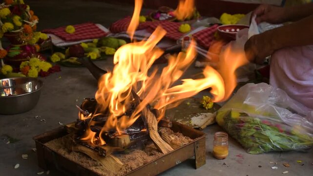 Sacred Fire of Homa Ritual in Bengali Hindu Ceremony