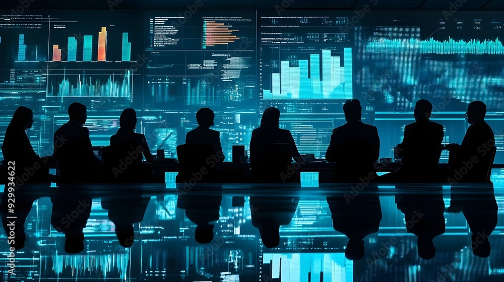 Poster business team analyzing data on large screen
