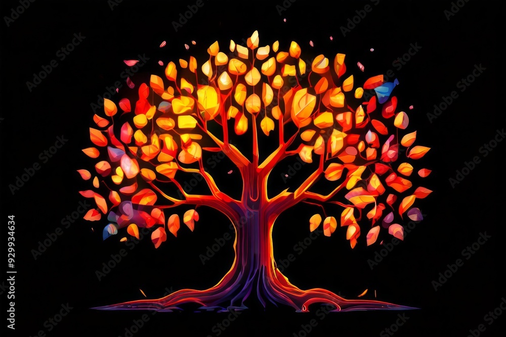 Poster luminogram pixel art a pixelated autumn tree with glowing lumino