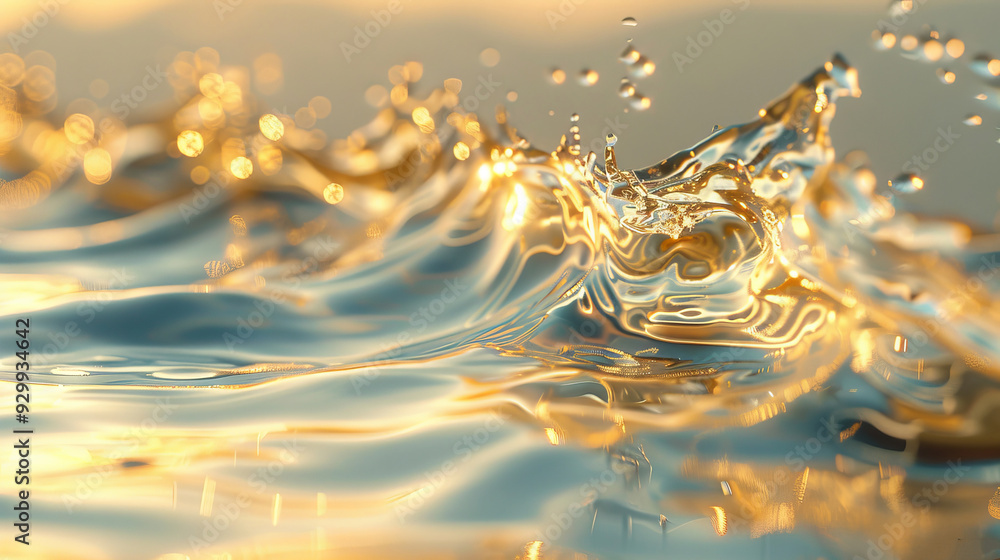 Poster golden water waves gently shape and shimmer in the sunlight, creating a peaceful and serene atmosphe