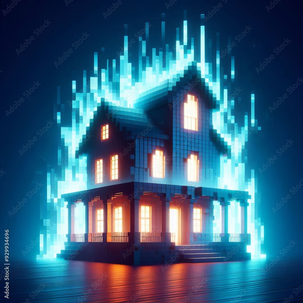 Poster luminogram pixel art a pixelated haunted house glows from within