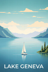 Lake Geneva vintage travel poster. Vacation in beautiful Switzerland and France