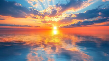 Obraz premium Vivid sunrise over ocean with dramatic clouds and sun reflecting on water