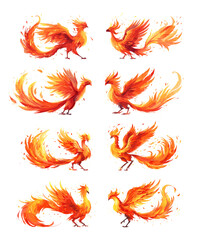 Phoenix cartoon vector collection. Blazing flame feathers fire plumage inferno wings blaze eternal life renewal soaring legendary flying mythical bird, illustrations isolated on white backdrop