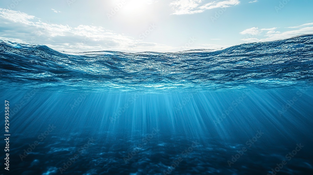 Poster blue water and clear sky. cross-section of deep ocean with waves on the surface. rays of light illum