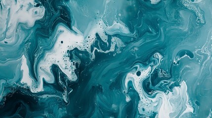 Obraz premium Teal Marble Effect with Swirling White Patterns. Abstract design for creative backgrounds, artistic wallpaper, and fluid art concept
