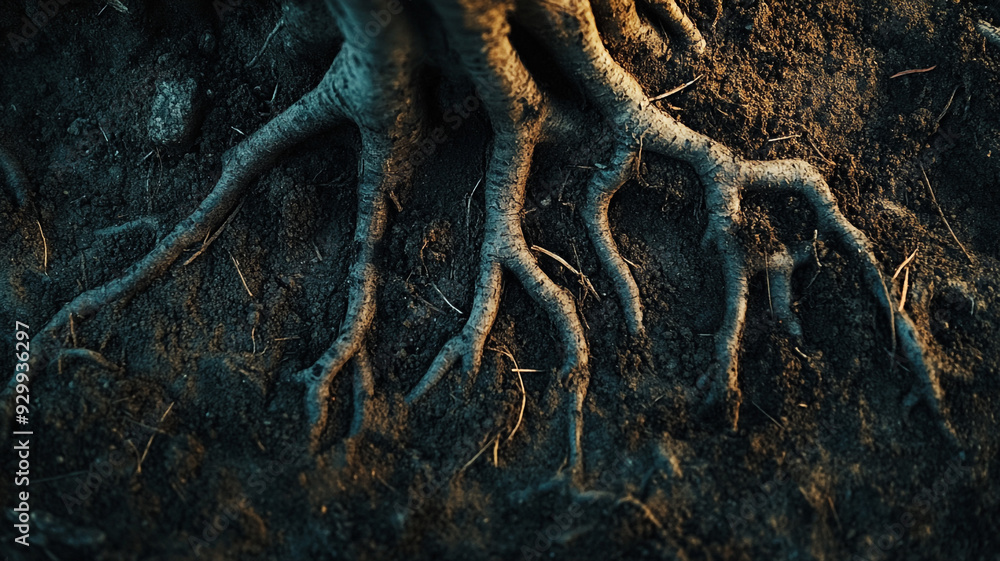 Poster close-up view of tree roots extending into soil during golden hour light