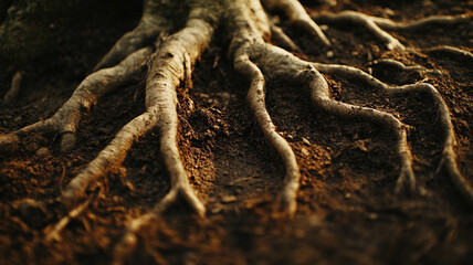 Fototapeta premium Visible tree roots emerge from rich brown soil in a forest during golden hour light