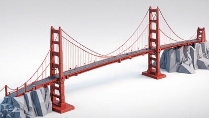 A red, stylized model of the Golden Gate Bridge.

