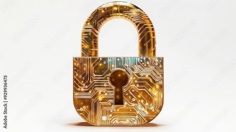 Poster isolate white background golden cyber lock symbolizing digital security and technology. perfect for 